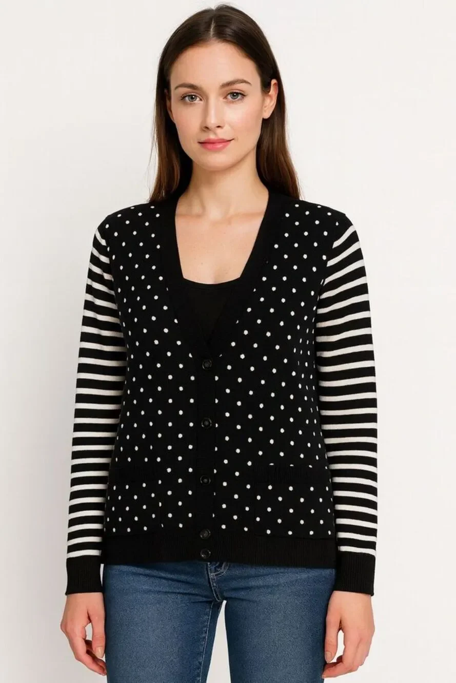 Vince Camuto Polka Dot Stripe Cardigan Sweater Women's M Black Preppy Academia